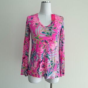 Lilly Pulitzer Top Womens XS Pink Floral Long Sleeve PJ Knit Plumeria I'm feline
